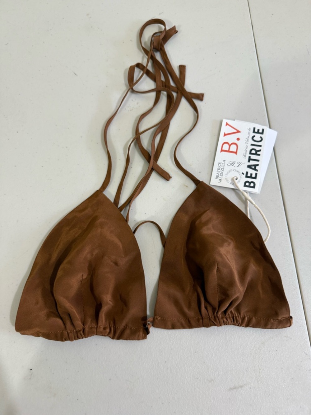Beatrice Valenzuela Chocolate Brown Triangle Bikini Top with Strappy Ties